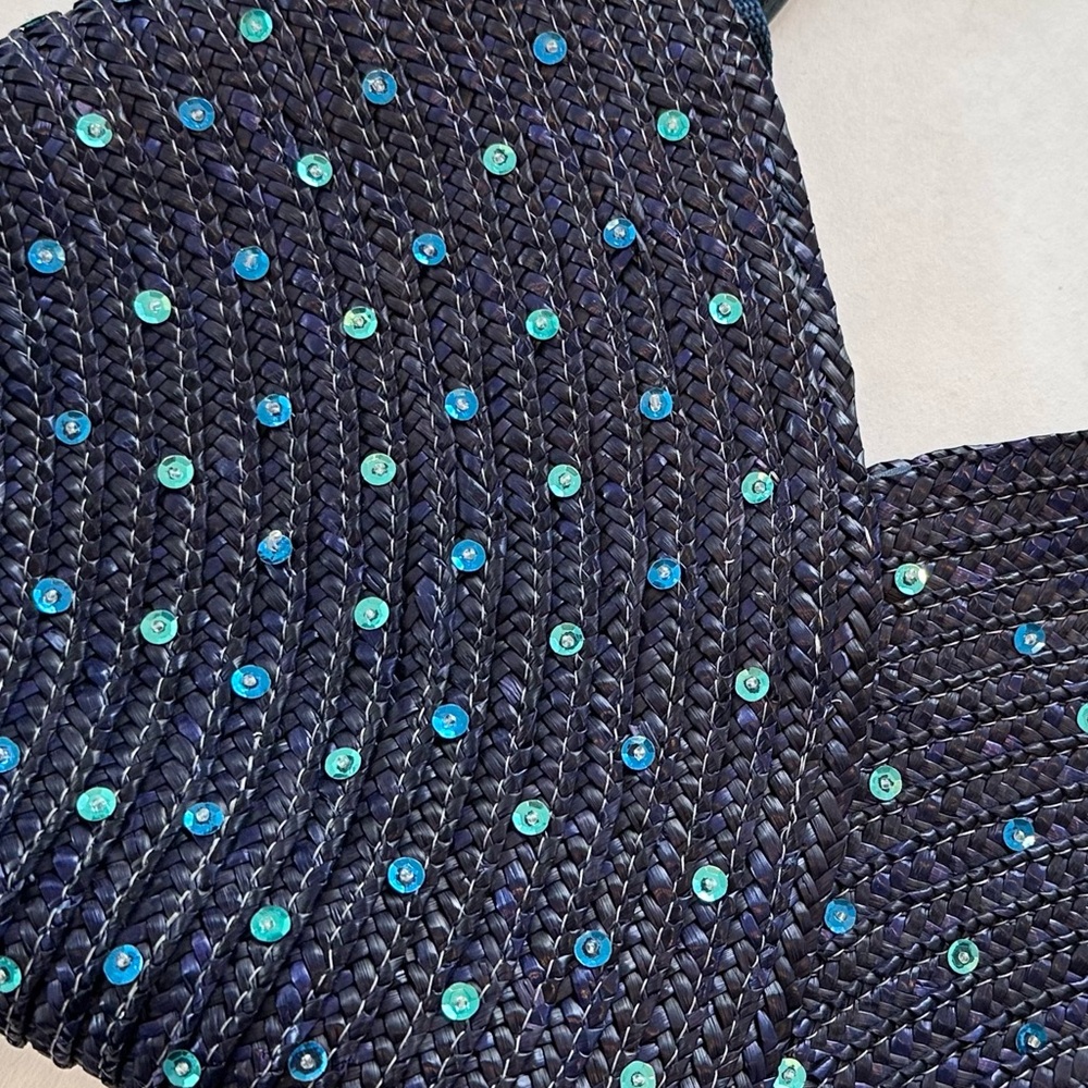 Exquisite RAFFIA Navy Woven UNIQUE Shape & Colour Sequins Cane Handle 18”W